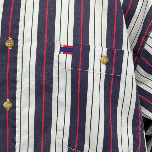 Bugle Boy Classics Vertical Striped Button Down Shirt White Navy Red Green M - Picture 3 of 6